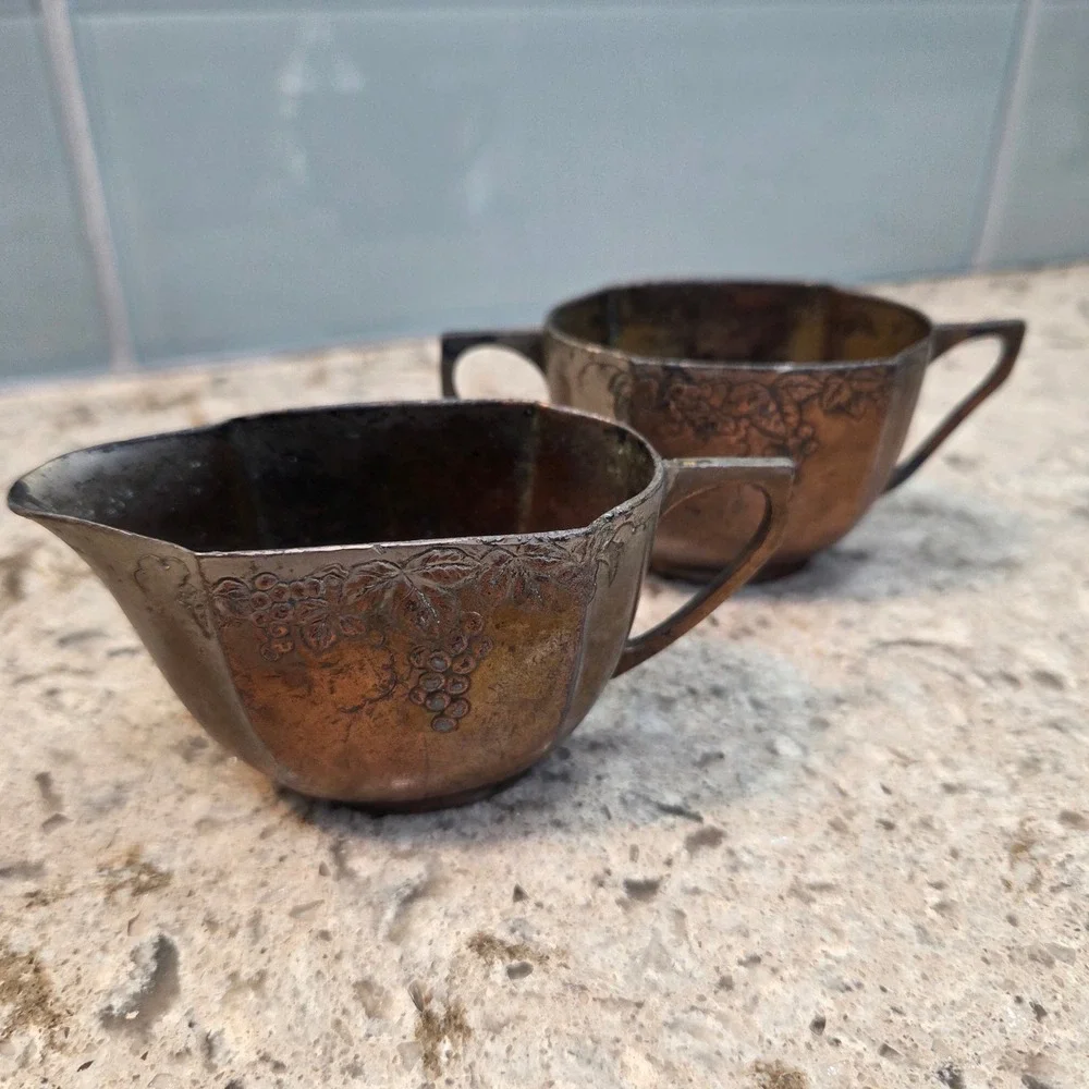 Vintage Japan Copper Creamer Sugar Bowl Set Embossed Grape Motif Cottagecore